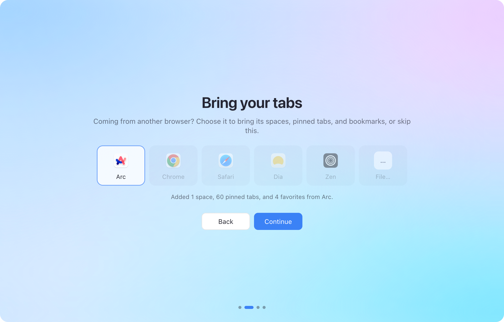 Dawn’s welcome screen, Bring your tabs: Arc, Chrome, Safari, Dia, Zen, or a file, with Arc imported: 1 space, 60 pinned tabs, and 4 favorites.